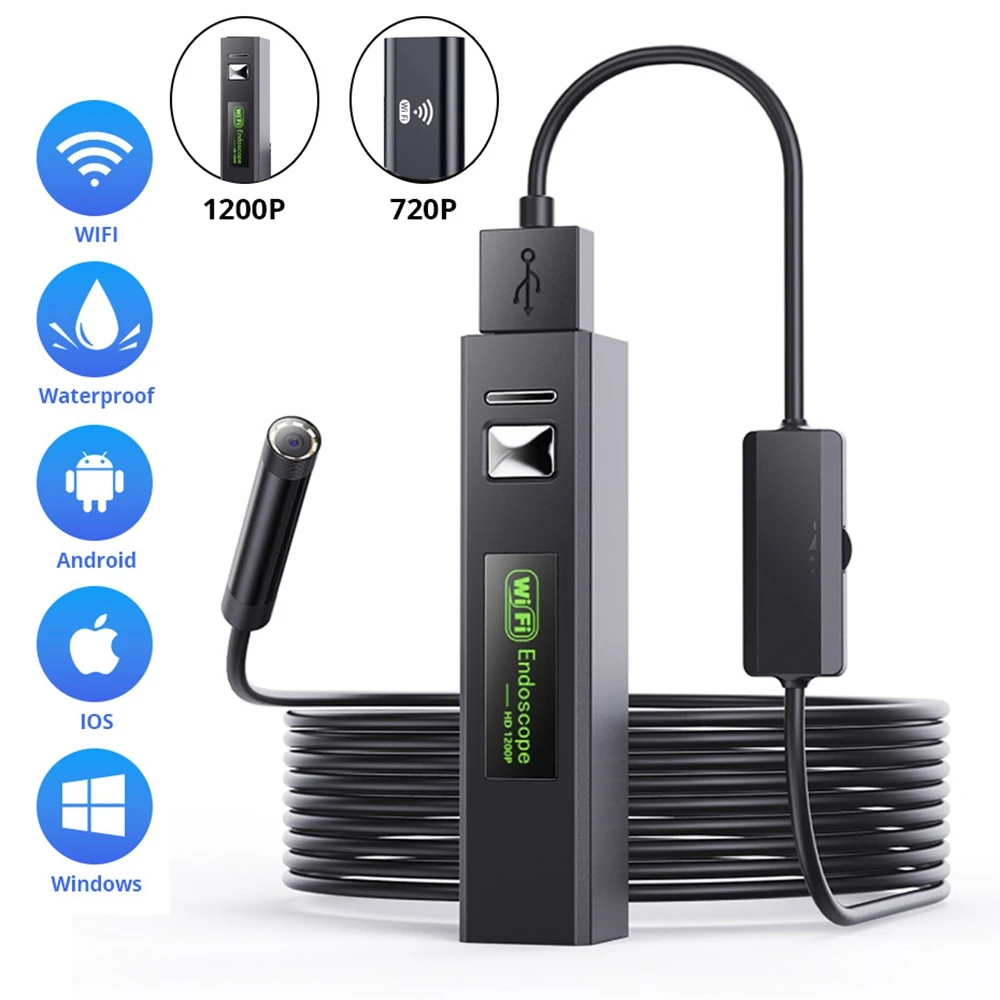 

1200P WiFi Endoscope Mini Camera Waterproof Inspection USB Borescope Snake HD 720p 8mm Lens Car Engine for Iphone Android PC