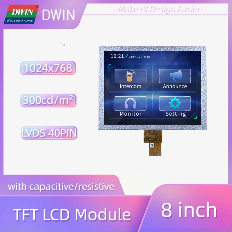 DWIN 8-дюймовый LVDS 40PIN 1024x768 полный угол обзора IPS TFT LCD модуль 300nit емкостная резистивная сенсорная панель LI10768T080IA3098
DWIN 8-дюймовый LVDS 40PIN 1024x768 полный угол обзора IPS TFT LCD модуль 300nit емкостная резистивная сенсорная панель LI10768T080IA3098