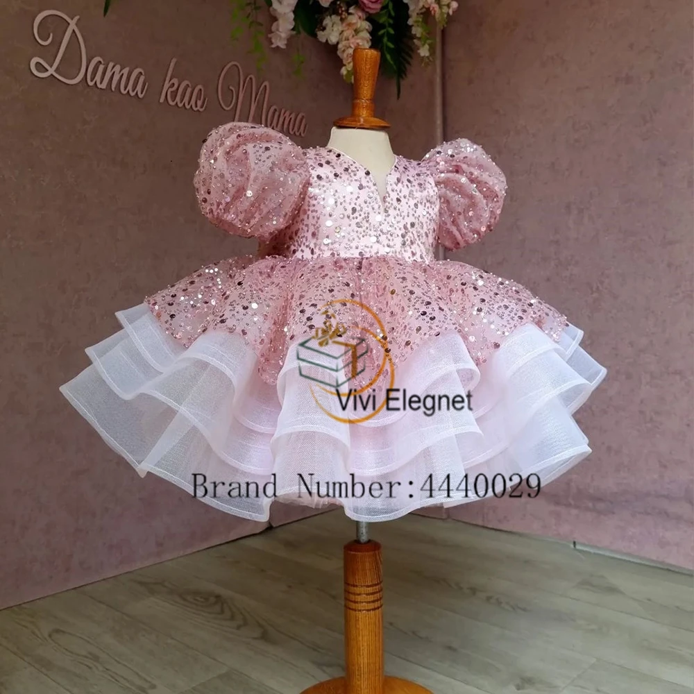 

Pink V Neck Flower Girls Dresses with Sequined Tiered Real Picture Christmas Gowns 2023 Summer New Puffy Sleeve فلور فتاة اللباس