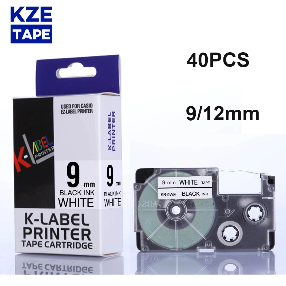 

40pcs 9mm/12mm Casio label tape Black on White XR9WE 9WE XR-9WE for KL-60 typewriter KL-60SR KL120 EZ Label Maker