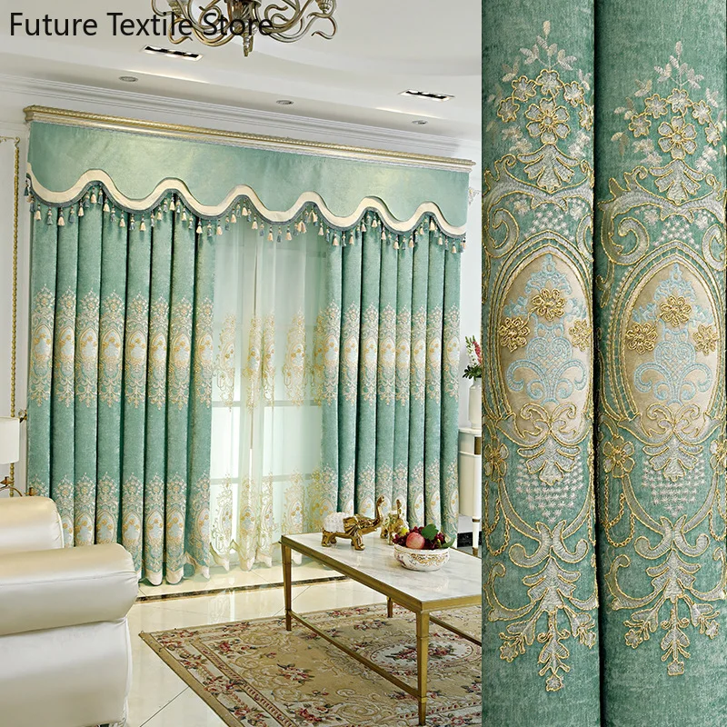 

Luxury European-style curtains finished atmospheric living room floor-to-ceiling bedroom full blackout green new embroidered rhj