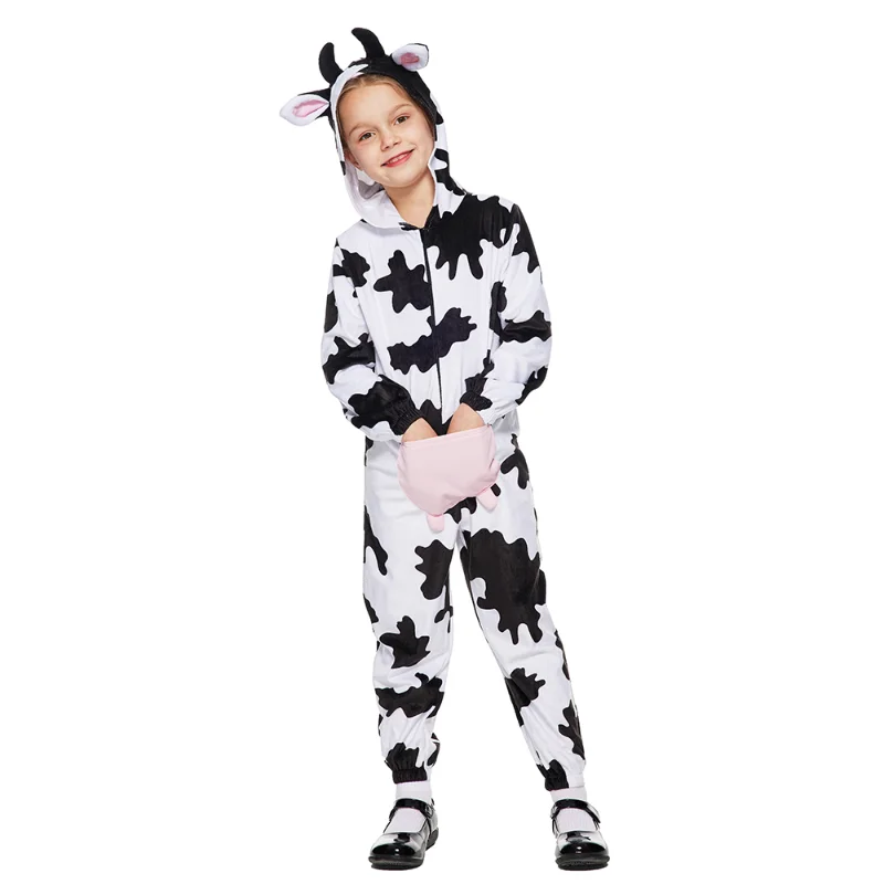 

Child Plush Cow Print Pajama Costume Halloween Kids One-Piece Animal Dairy Cow Cosplay Carnival Easter Purim Fancy Dress