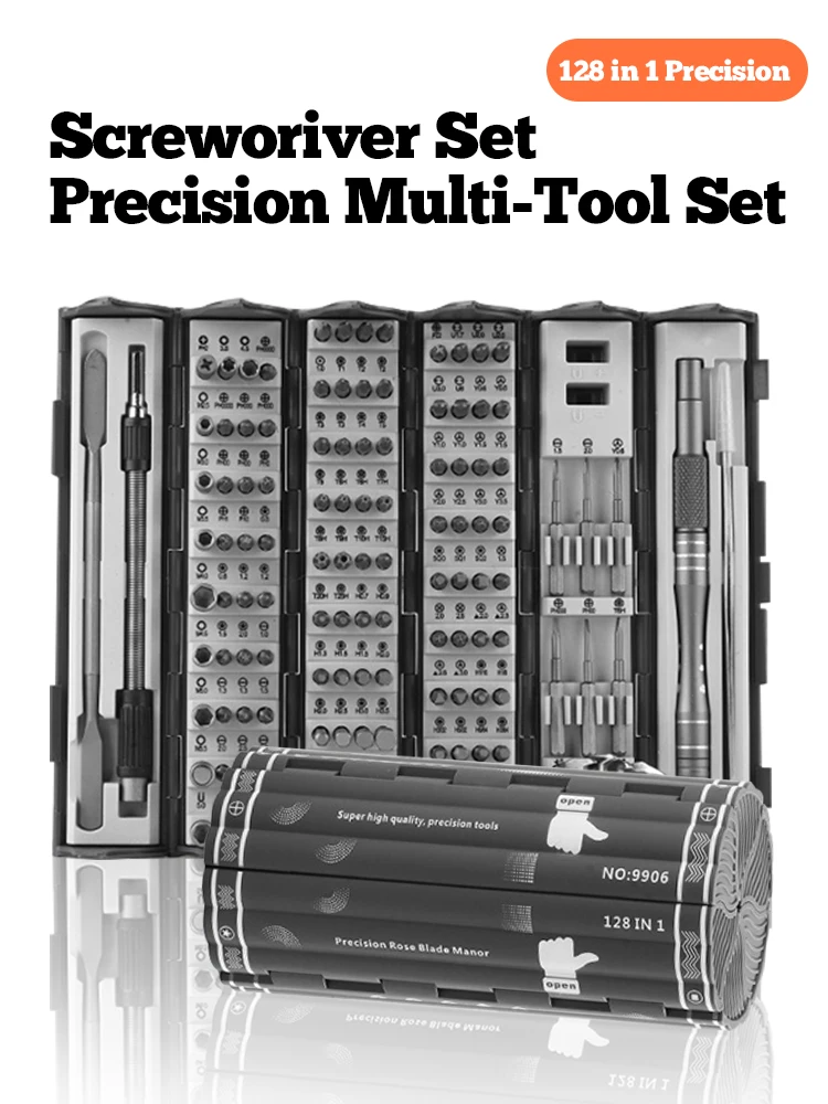 

128 in 1 Precision Screwdriver Set Creative Cylinder Roll-up Case Organizer Magnetic HRC 56 Hardness Bits Space Saving Roll Box