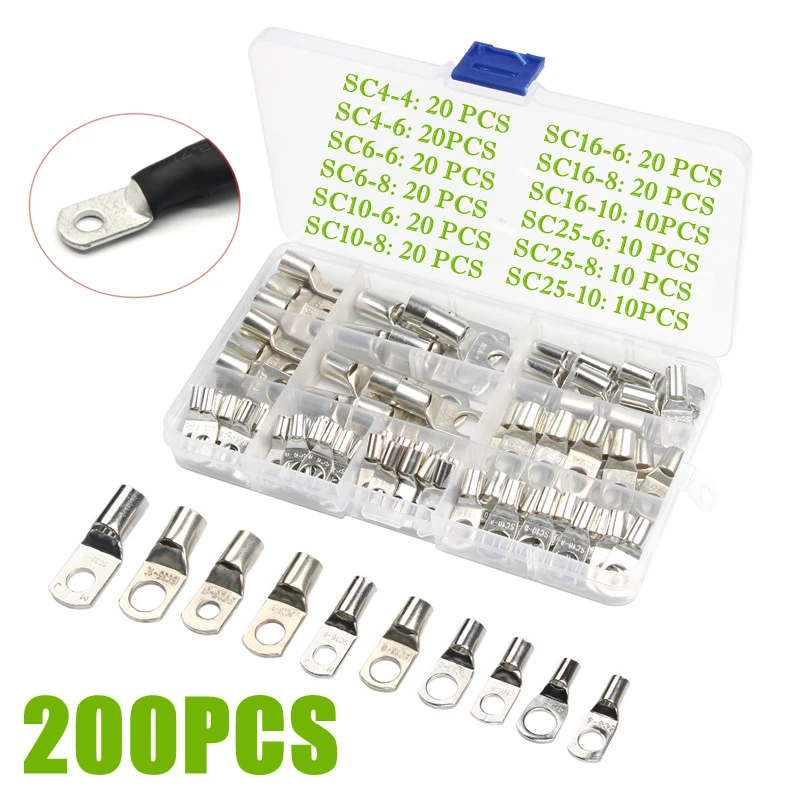 

200Pcs Tinned Copper SC4-25 Bare Crimp Terminals lug Electrical Wire Connectors Cable Splice Ring Terminal Assorted Kit