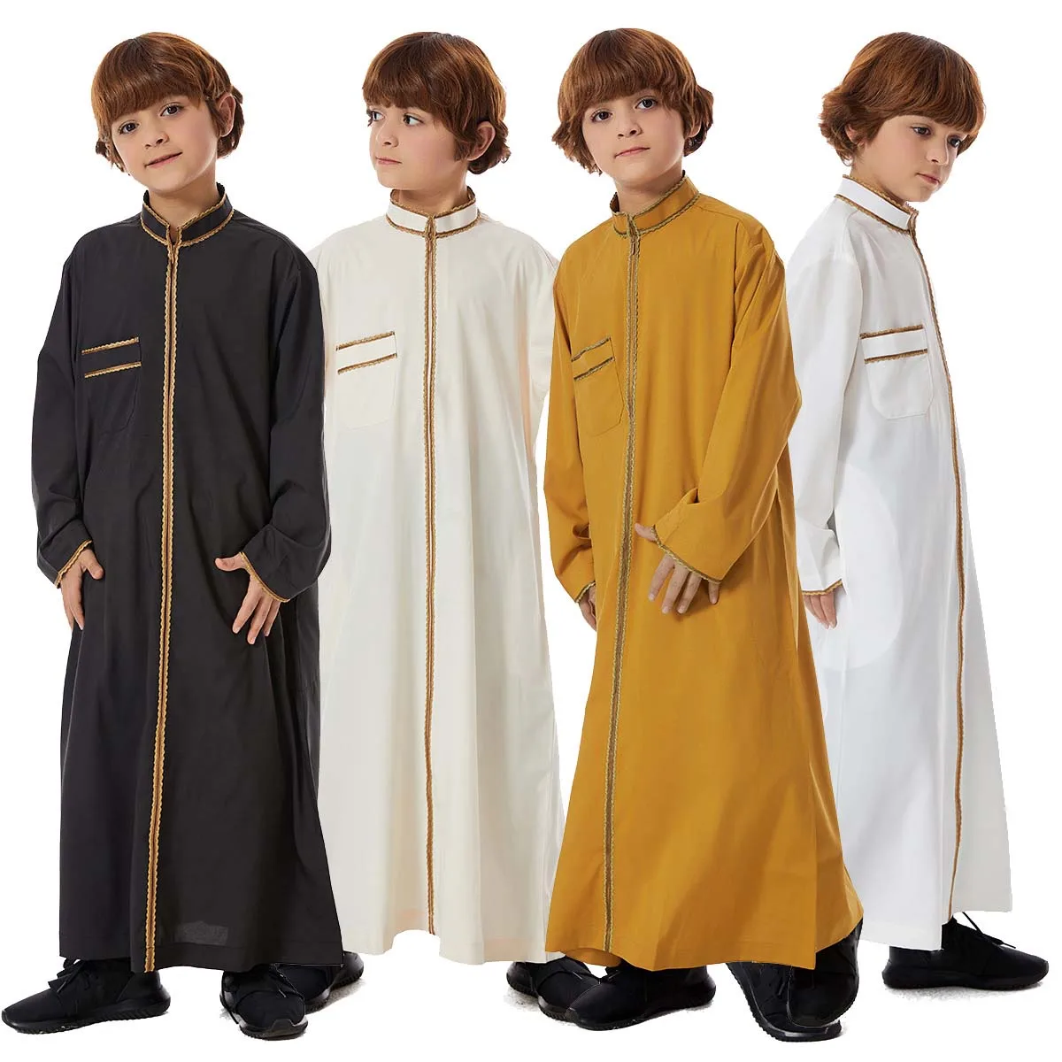 

Teenage Boys Jubba Thobe Size 110-160 Muslim Islamic Kurta Children Eid Ramanda Lace Dress Abayas Male Qamis Homme Black White