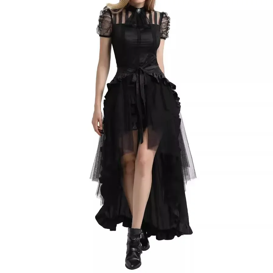 

Women Gothic Skirt Steampunk Wrap Victorian Ruffled Pirate Retro Renaissance Female Party Mesh Elegant Lace Up Cloth Lugentolo