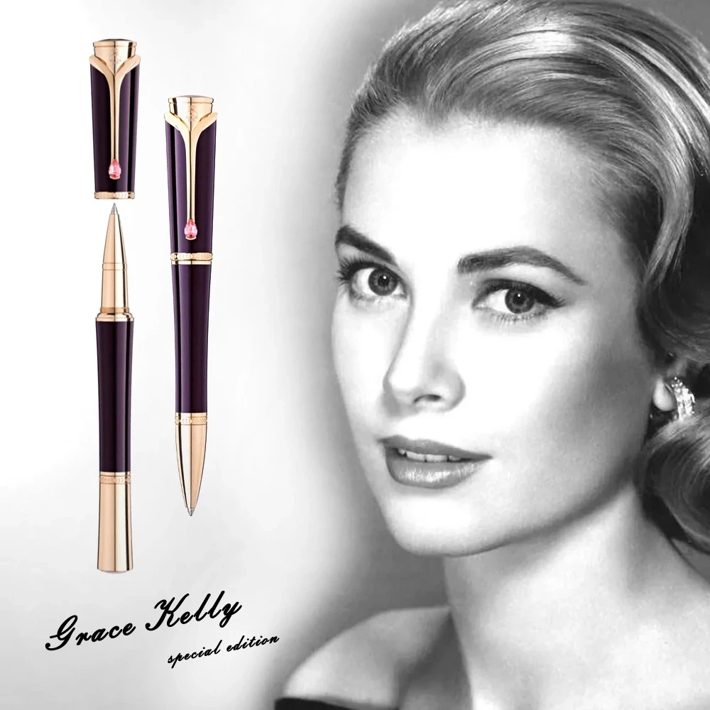 

LAN Grace Kelly Silver Flower Engraved MB Rollerball Ballpoint Pen With Teardrop Shape Diamond Stone Clip Monte Great Actress