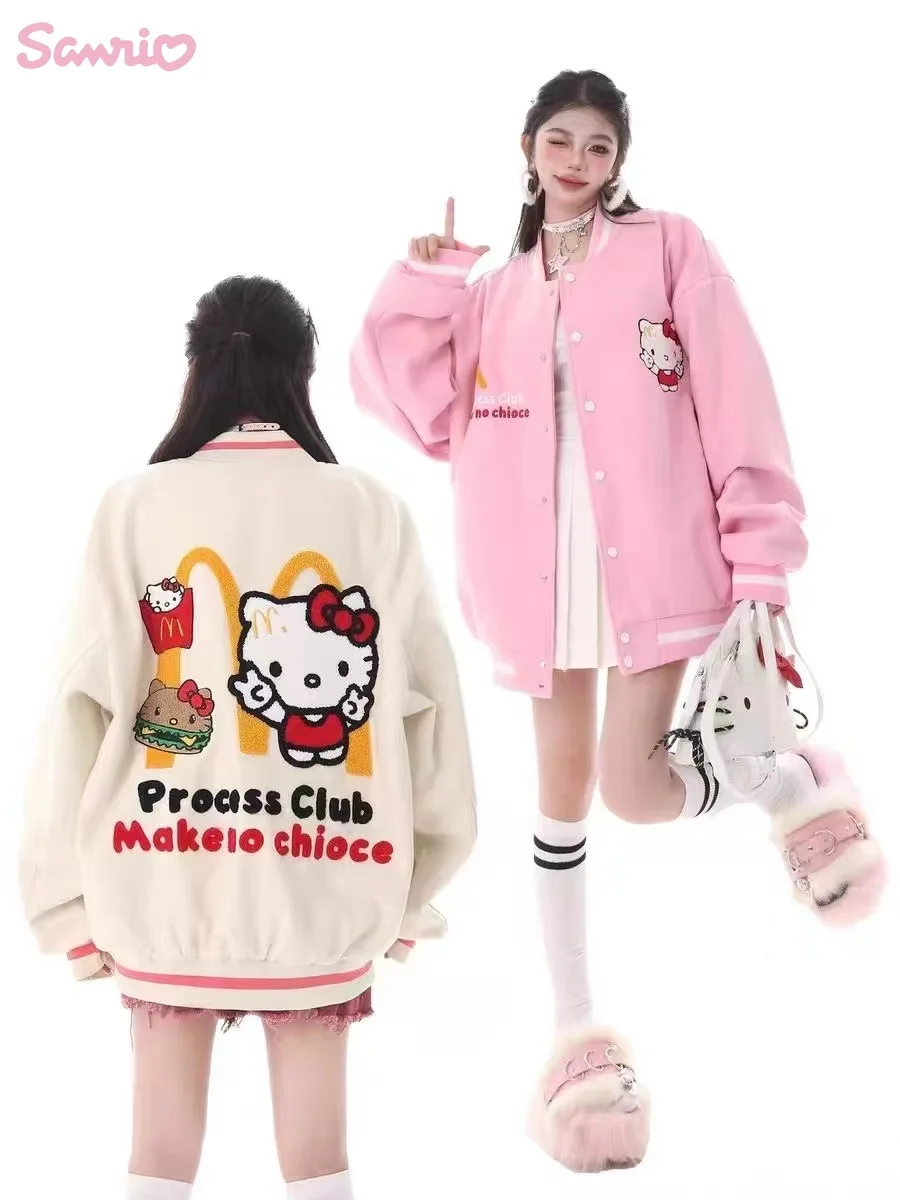 

Sanrio Hello Kitty Embroidery Baseball Clothes Kawaii KT Cat Cartoon Women Winter Loose Coat Warm Windproof Jacket Couple Gift