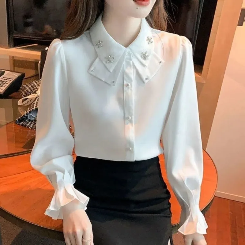 

Women's Solid Color Polo Collar Spring Autumn New Fashion Commute Ruched Long Sleeve Beading Button Cardigan Chiffon Shirts Tops