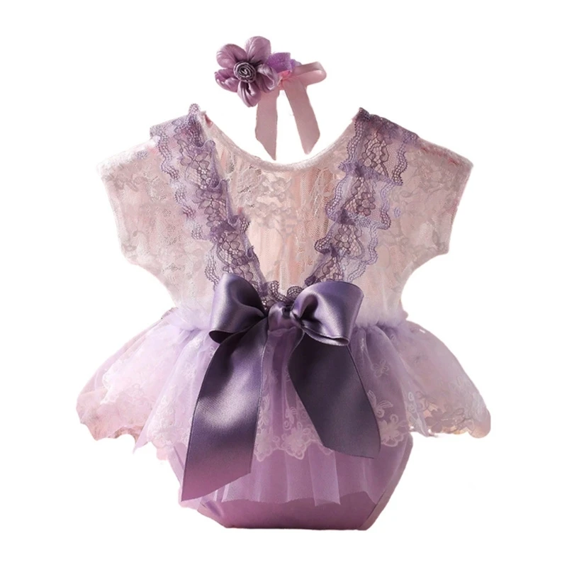 

Newborn Lace Backless Romper with Floral Headband Set for Memorable Photoshoots 0