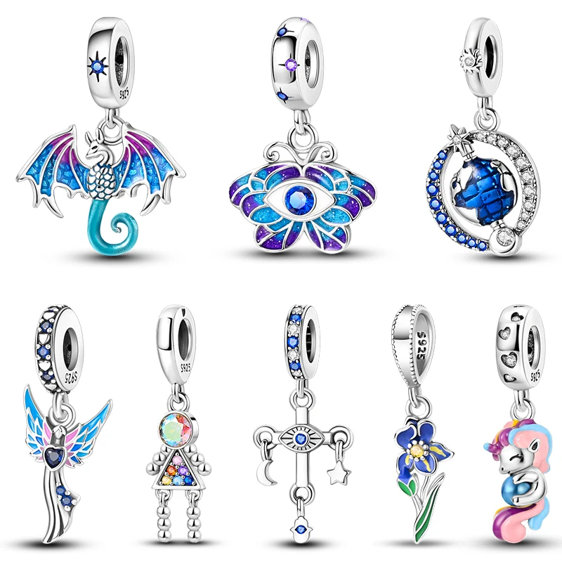 

Authentic 925 Sterling Silver Dragon Angel Gem Butterfly Blue Zircon Charms Bead Fit Pandora 925 Original Bracelets DIY Jewelry