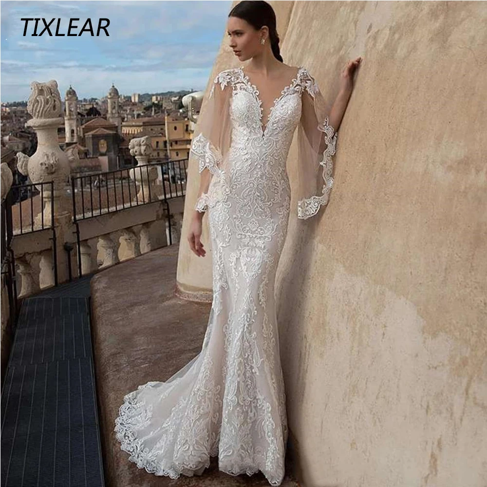 

Женское свадебное платье с юбкой-годе TIXLEAR, блестящее платье с V-образным вырезом, длинными рукавами и пуговицами на спине, платье невесты