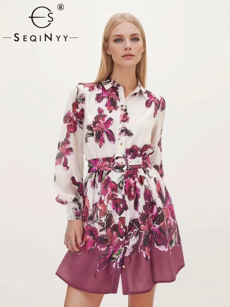 

SEQINYY Elegant Shirt Dress Summer Spring New Fashion Design Women Runway High Street Vintage Purple Flower Print Casual Belt