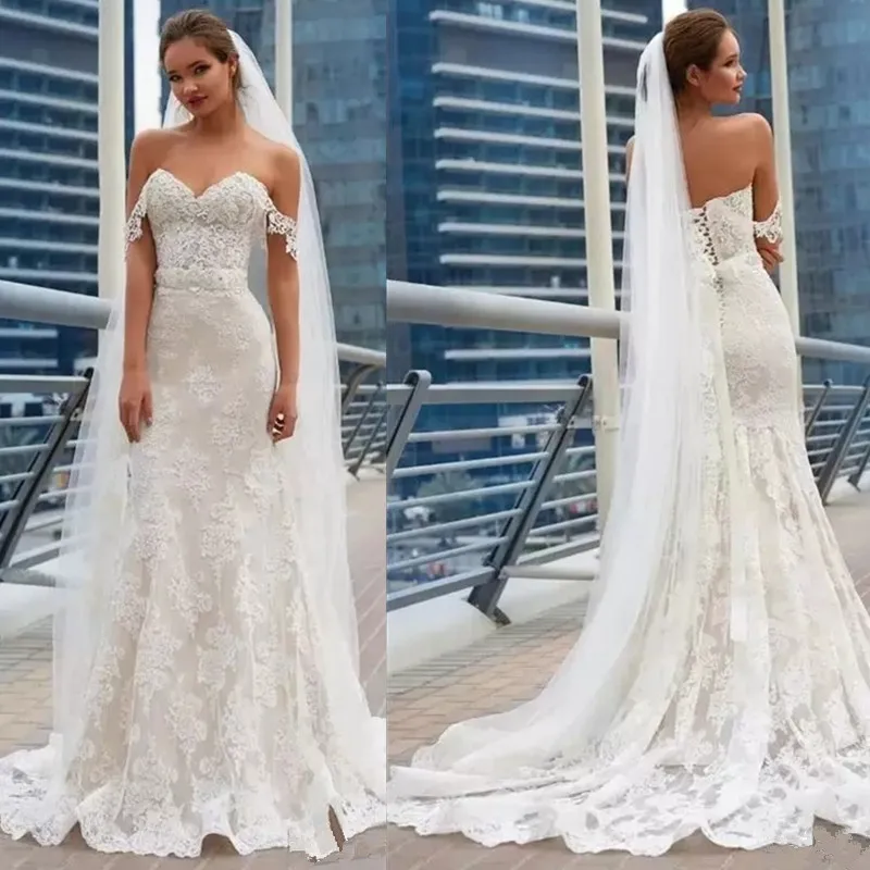 

Stunning Off the Shoulder Lace Appliques Mermaid Wedding Dress Sweep Train Corset Back Vestido De Noiva Beach Bridal Gowns