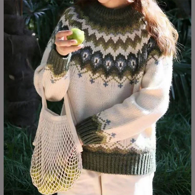 

Women's Fair Isle Jacquard Knit Sweater Vintage Crew-Neck Long-Sleeved Pullover Sweater Aztec Print Knit Jumper
