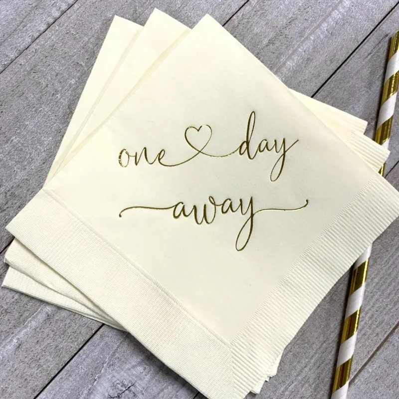 

50pcs Rehearsal Dinner Napkins Wedding Party Cocktail Beverage Size One Day Away Ecru Ivory with Metallic Gold Foil Print - Quan