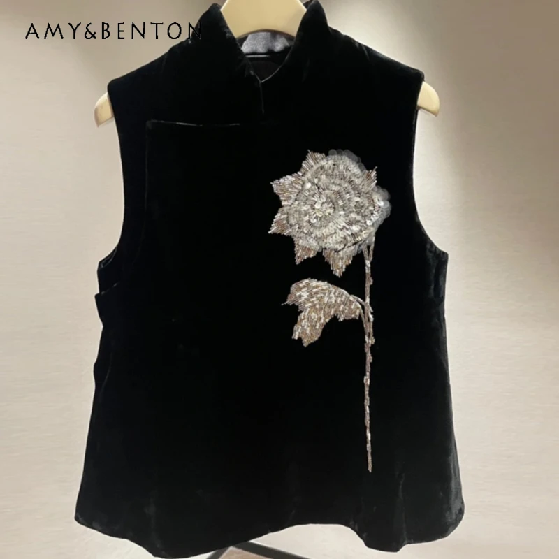 

Handmade Sequined Embroidered Vintage Silk Velvet Stand Collar High-End Chinese Sleeveless Vest For Women's Clothes Black Color