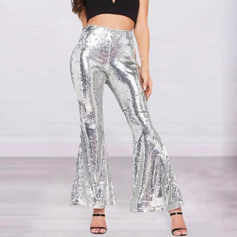 

Women Wide-leg Pants Sequin See-through High Waist Flared Hem Women's Pants for Nightclub Party Performance Solid Color Pants