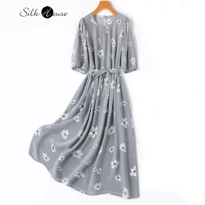 

2024 Women's Fashion Spring New Light Elegant Water Grey 100%Natural Mulberry Silk Crepe De Chine Round Neck Half Sleeve Dress