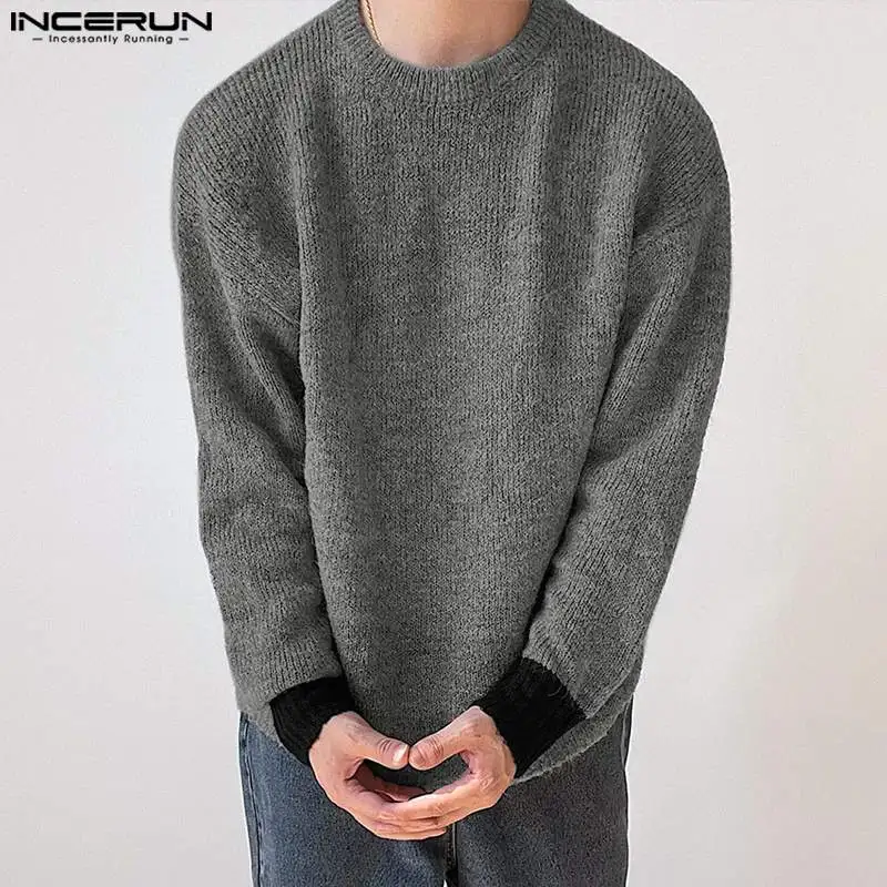 

INCERUN Tops 2023 Korean Style New Mens Simple Casual Solid Pullover Fashion Male Cuff Contrast O-Neck Long Sleeve Sweater S-5XL