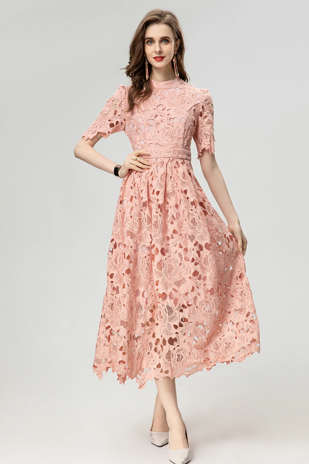

SEQINYY Elegant Midi Dress Summer Spring New Fashion Design Women Runway Short Sleeve Hollow Out Flower A-Line Casual