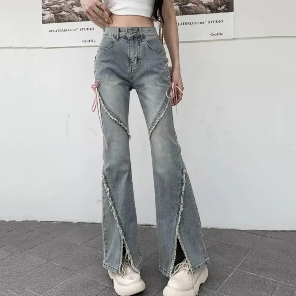 

Button Closure Denim Pants High Waist Flared Hem Ripped Jeans with Strap Decor Patchwork Detail Women's Streetwear Trousers