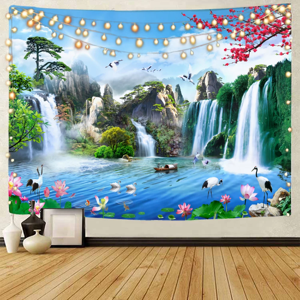 

Magnificent Forest Waterfall Landscape Wall Hanging Living Room, Study Dormitory Background Decoration Tapestry