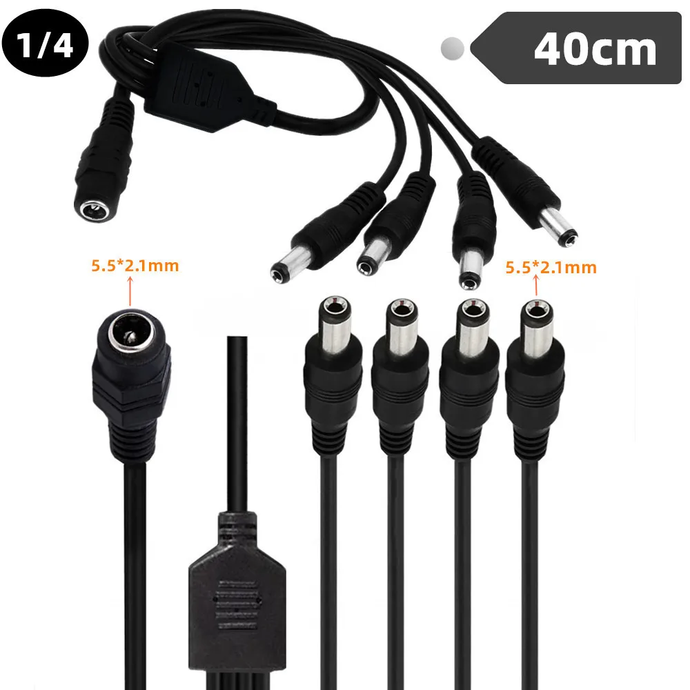 

5.1mm X 2.1mm DC Power Splitter Cable 1 Female to 4 Male Output Y Adapter for CCTV Security Cameras and LED Strip Lights 40cm