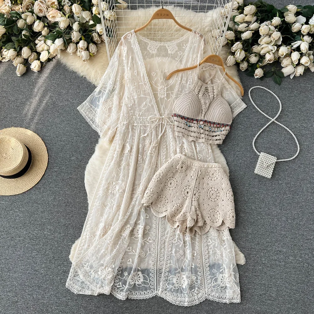 

2024 Knit Casual Matching Sets Summer Women Mesh Cardigan Halter Backless Camisole Mini Shorts Vacation Beach Style Suits skirt