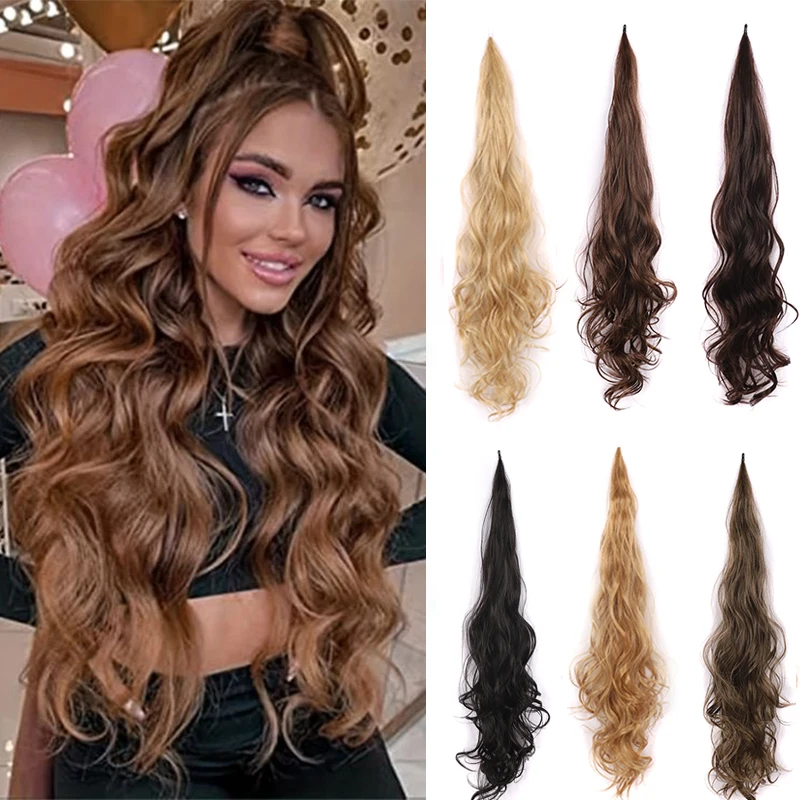 

24Inch Synthetic Wavy Flexible Wrap Around Ponytail Hair Extensions Long Wavy Layered Natural Fake Pony Tail Hairpiece for Women