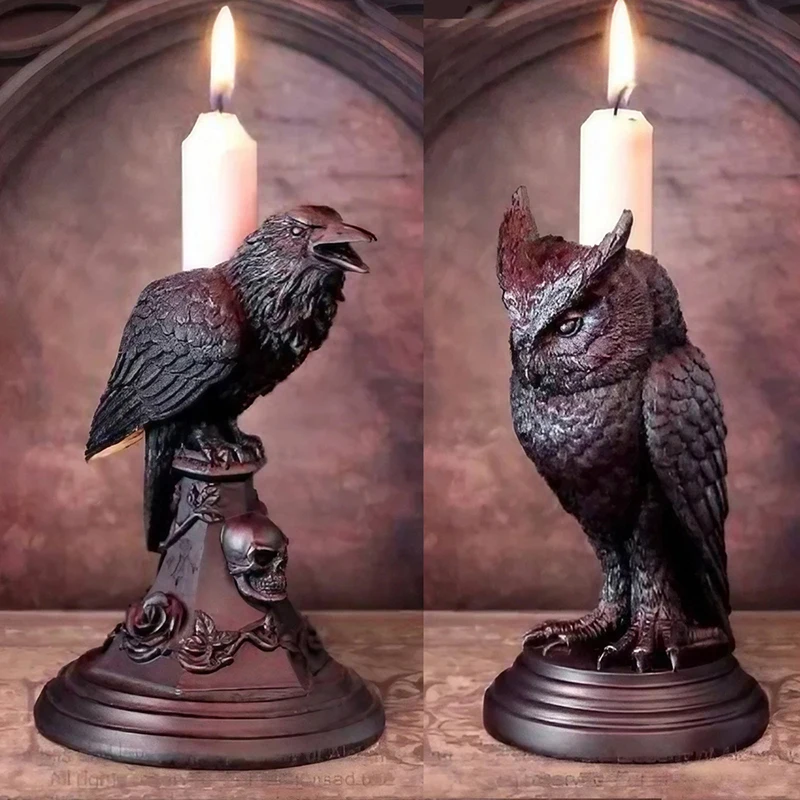 

Black Resin Halloween Decorative Ornament Owl/Crow Candlestick Candle Holders Home Decoration Decorative Candlestick