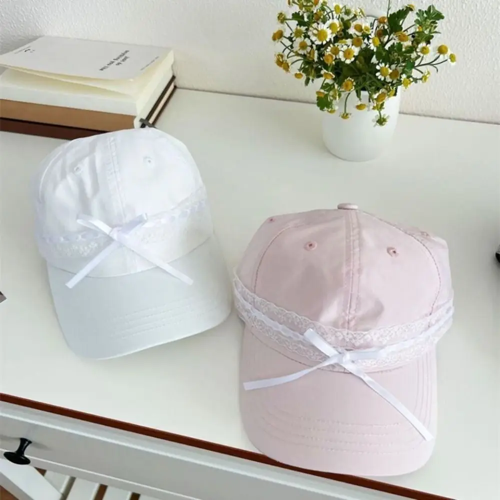 

Solid Color Baseball Hat Casual Wide Brim Lace Bow Sunscreen Peaked Cap Spring Summer Adjustable Sun Hat