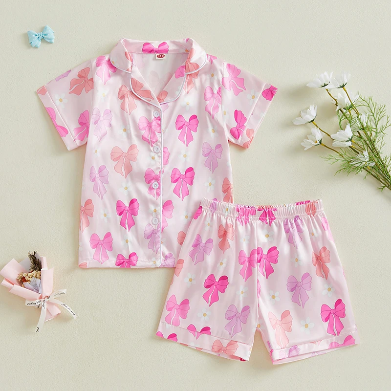 Summer Pajamas Set Bow Print Lapel Short Sleeve Button Down Tops with Shorts Kids Satin 2 Pieces Sleepwear Summer Pajamas Set Bow Print Lapel Short Sleeve Button Down Tops with Shorts Kids Satin 2 Pieces Sleepwear