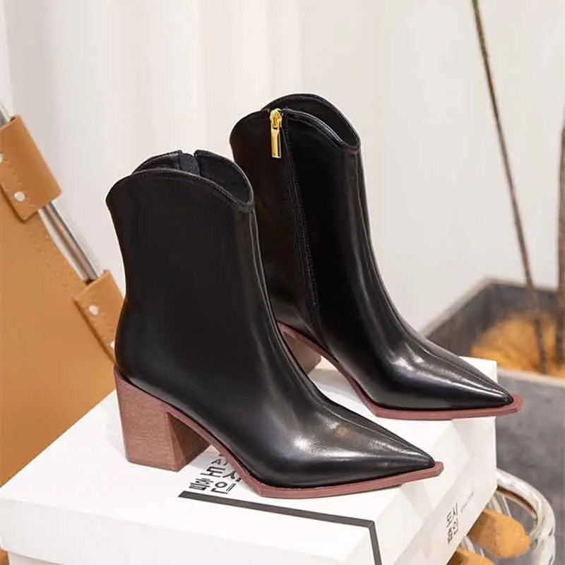 

Pointed Toe Black High Heel Ankle Boots Chunky Heel Chelsea Botines Side Zip Leather Short Botas Femininas Women Shoes Zapato