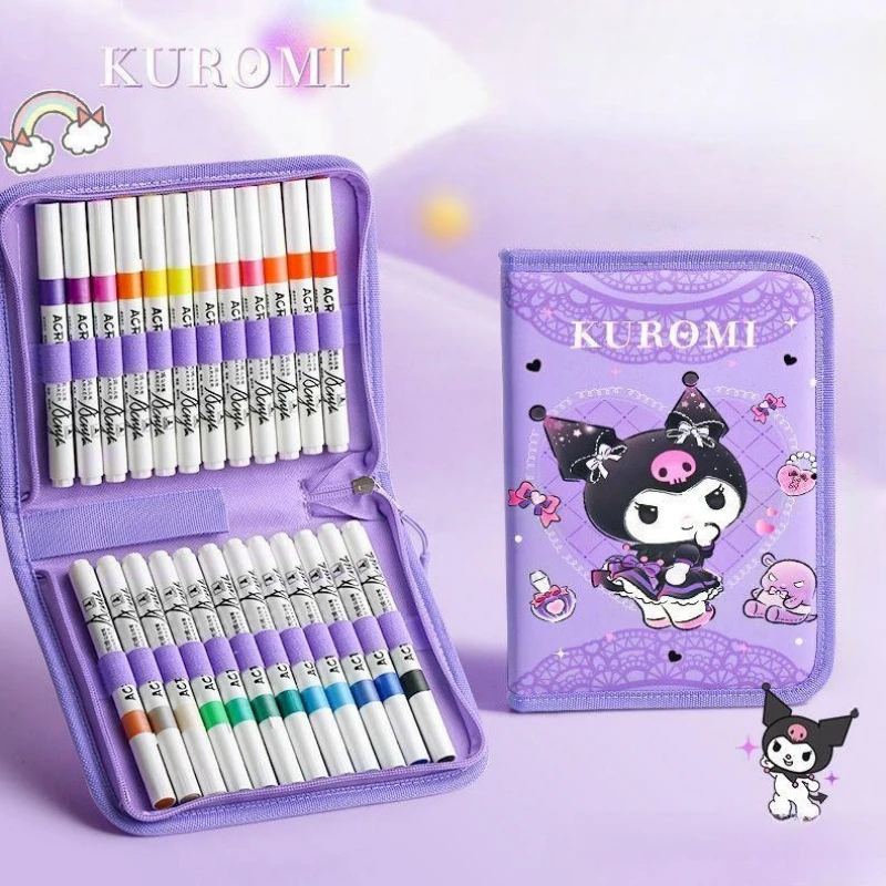 

Sanrio Animation Peripheral Cute Kuromi Watercolor Pen Children's Special Storage Bag Art Professional Brush 24 Colors Gift