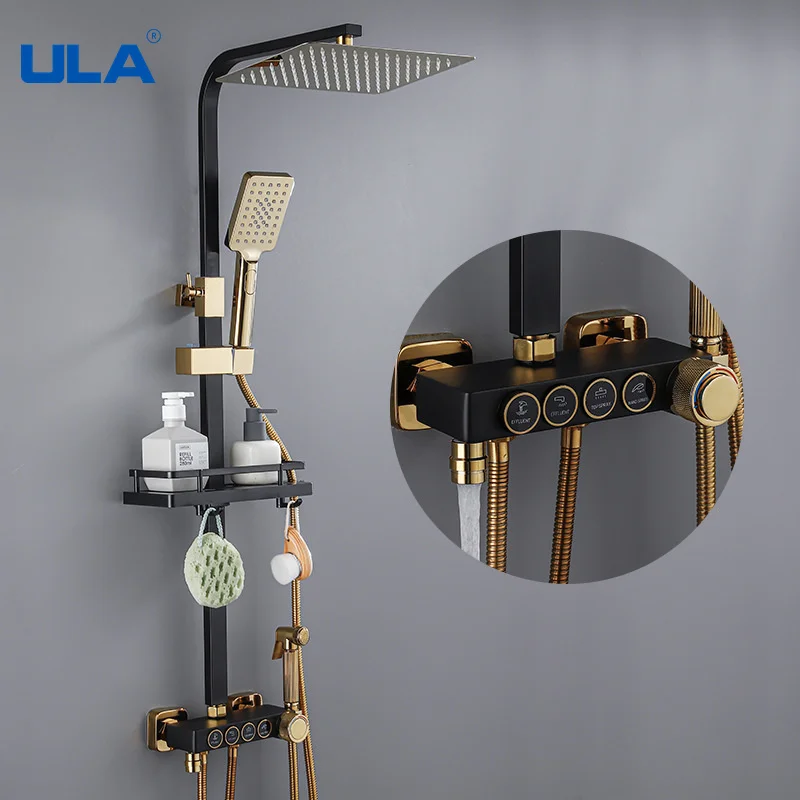 

ULA Black Gold Shower Rain Shower Set Thermostatic Shower Faucet Bath Faucet Wall Mount Bathtub Shower Mixer Tap Shower System