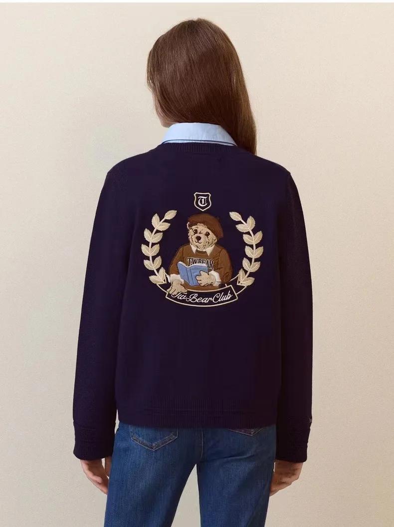 

Preppy Book Bear Embroidery Cardigans for Women Dark Blue Color Knitwear England Sweater Jumper Gothic Clothes