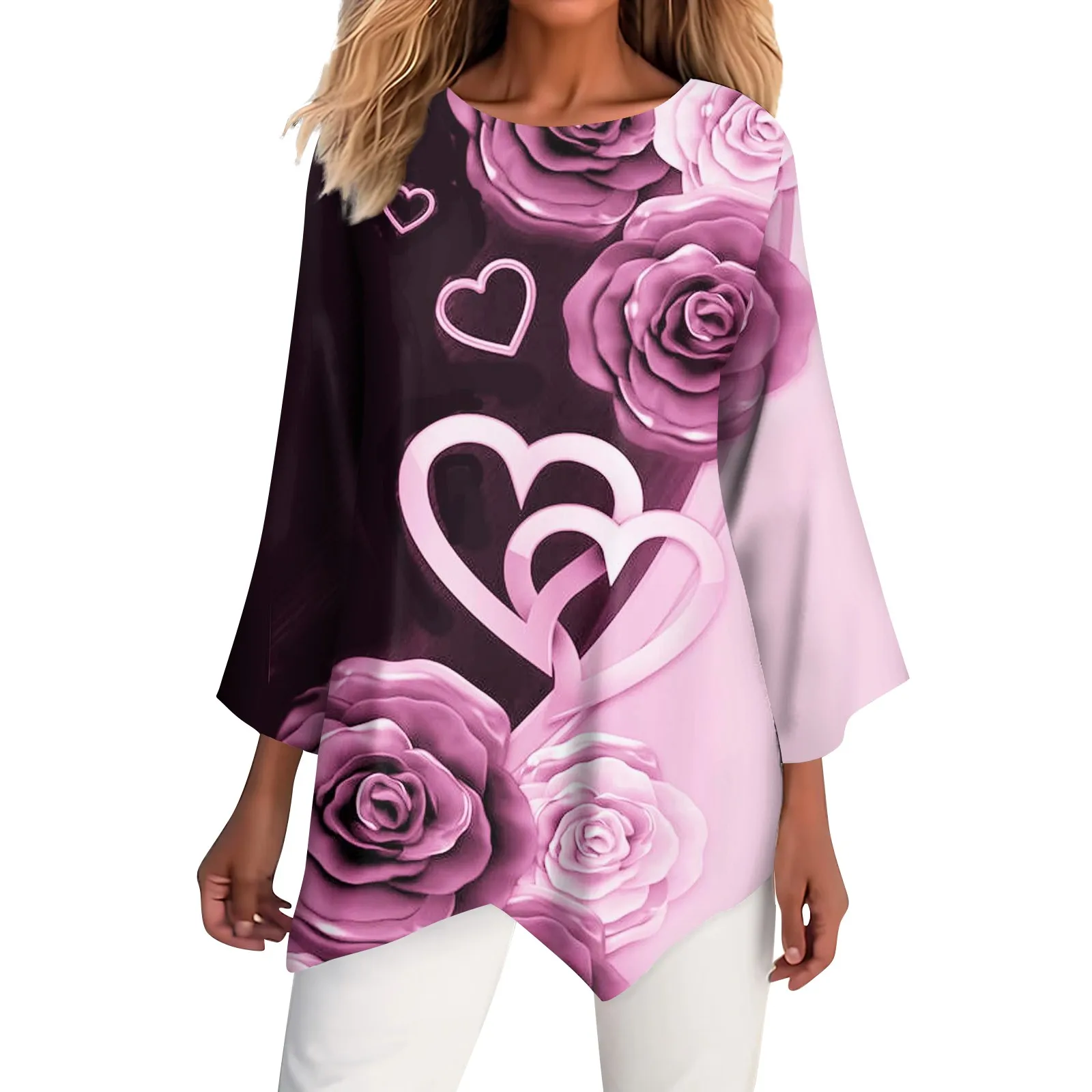 

Women's Fashion Valentine's Day Print Round Neck 3/4 Sleeve Irregular Hem T-shirt Top ropa de mujer 가을 여성 의류 футболка лонгслив