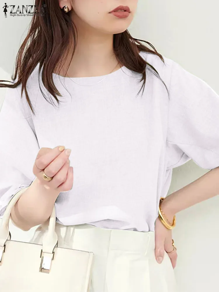 

Корейская Офисная Женская блузка ZANZEA 2024, летняя элегантная рубашка с полурукавами-фонариками, винтажные однотонные женские топы, повседневные Простые Блузы для женщин