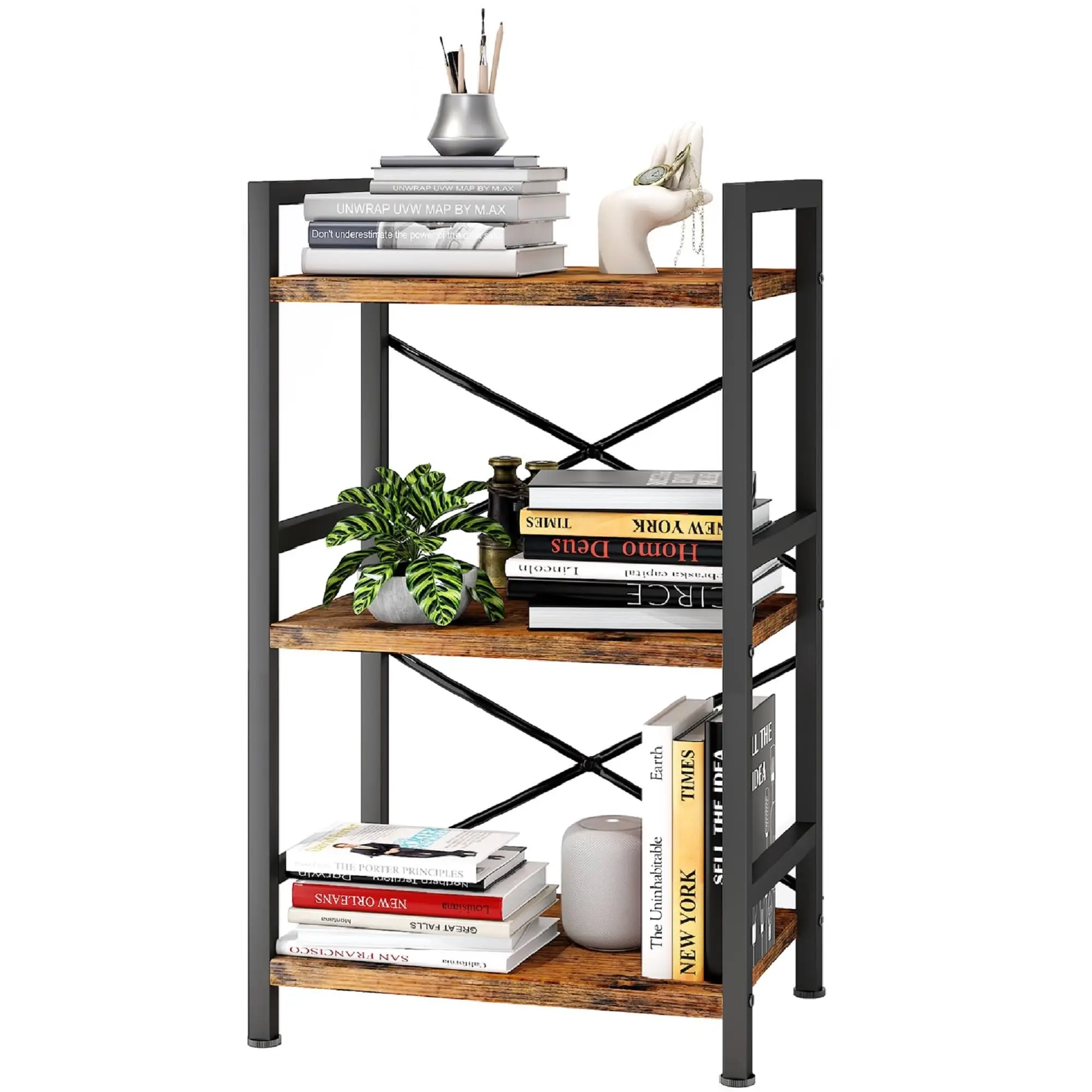 

3 Tier Industrial Bookcase, Metal Small Bookcase, Rustic Book Shelf Storage Organizer (Rustic Brown)