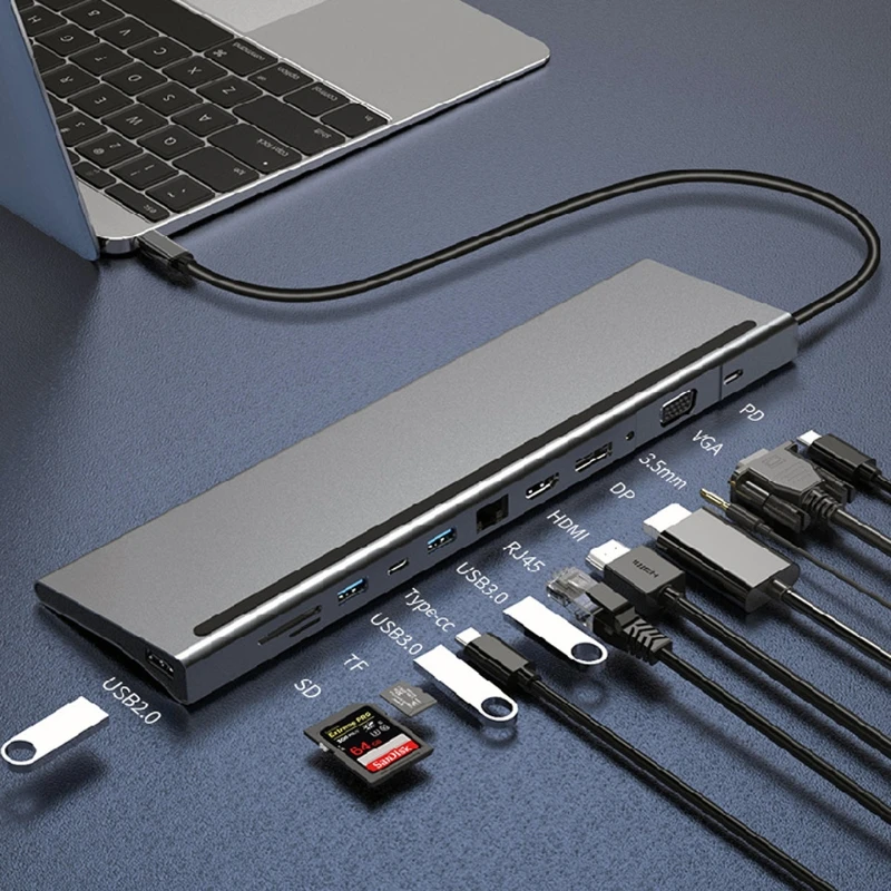 

USB Hub 12 in 1 USB3.1 Type C Splitter Docking Station Rj45 HDD VGA PD Slots 5Gbps Fast Charging