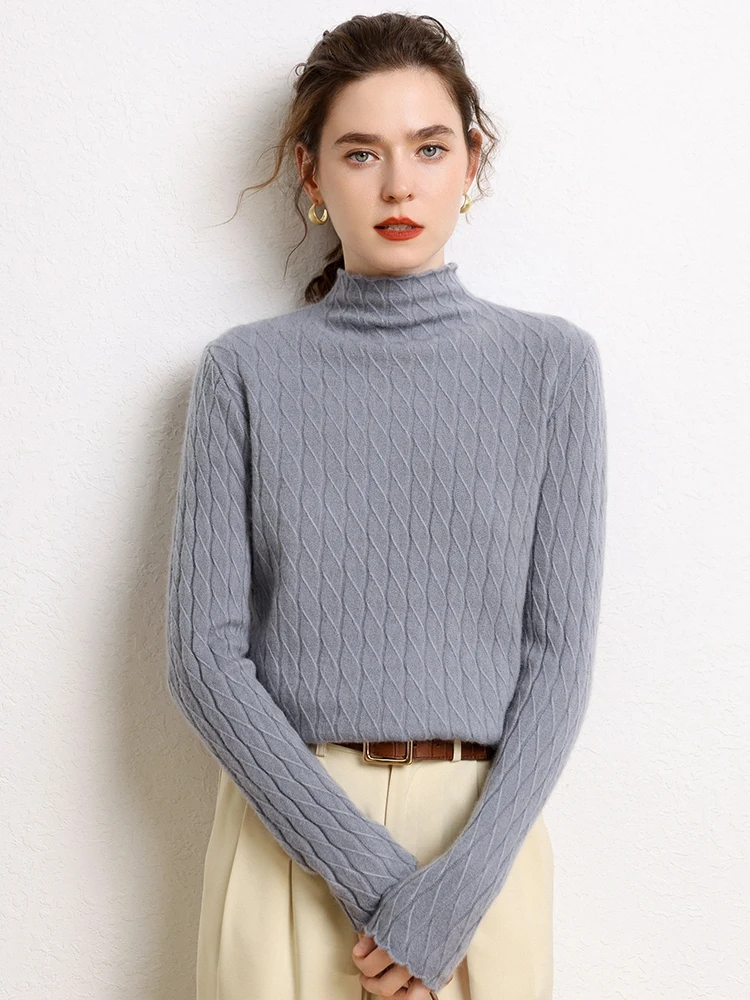 

High Quality Women Sweater For Spring and Autumn Mock-neck Long Sleeve Pullover 100% Cashmere Knitwear Twist Casual Jumper Top