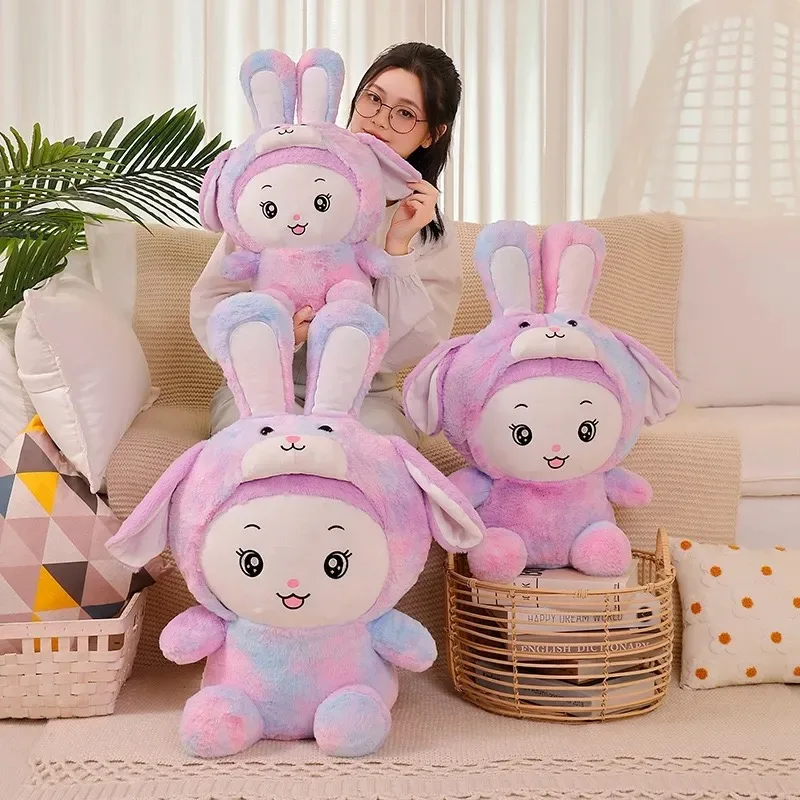 

50-70cm Kawaii Color Plushie Doll Turn Into Long Ears Bunny Creative Plush Toys Stuffed Soft Girls Hug Pillow for Kids Xmas Gift