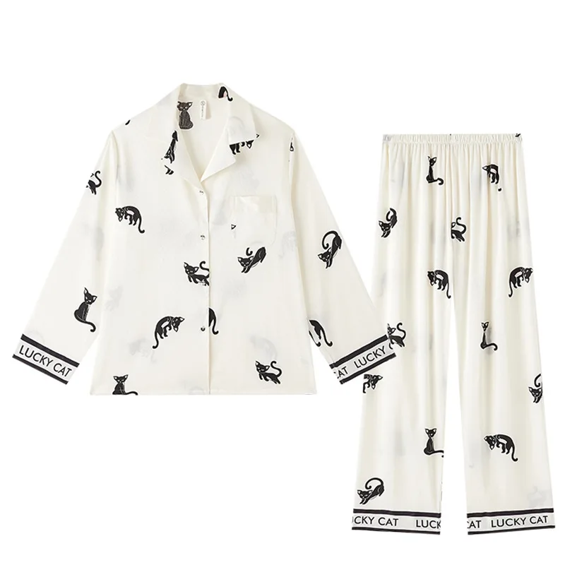 

Весенне-осенний Пижамный костюм с длинным рукавом, Женский пижамный комплект с милым принтом, одежда для сна, одежда для сна с мультяшным котом, ночная одежда, Свободная Домашняя одежда