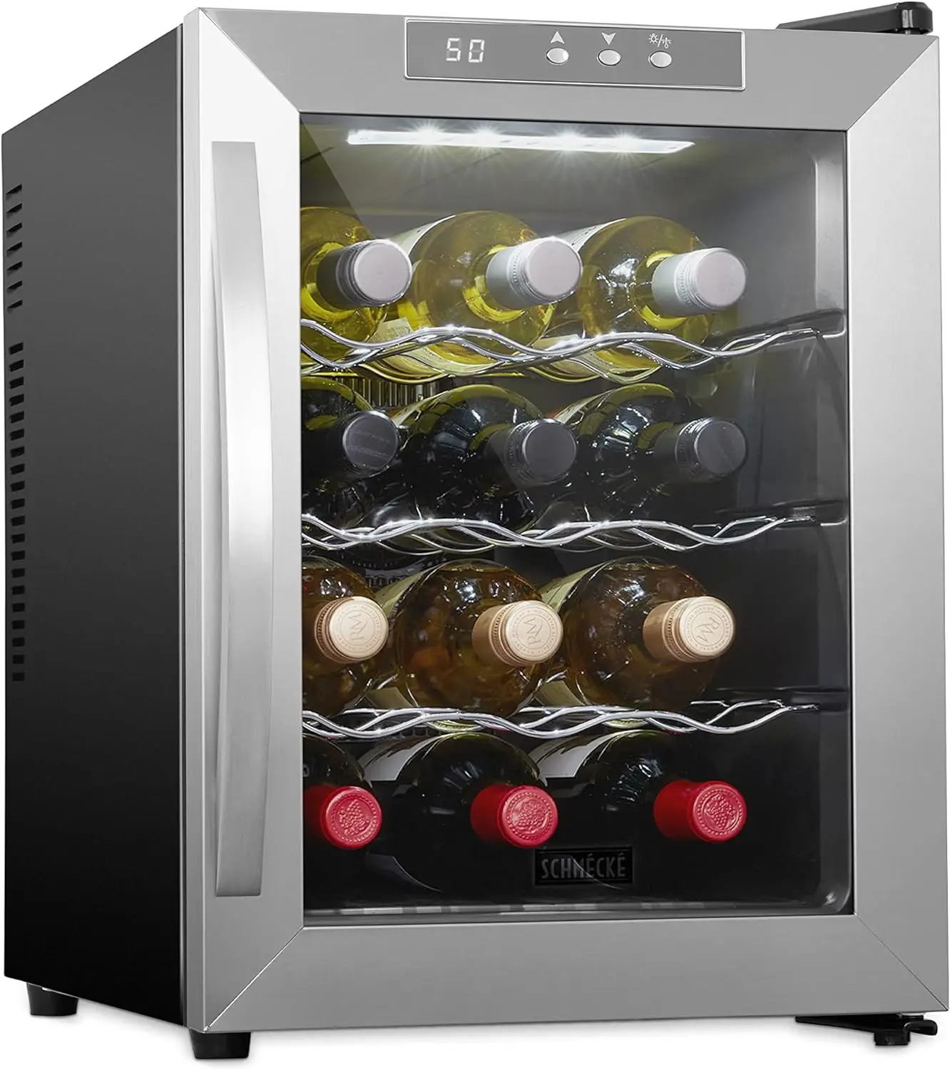 

12 Bottle Thermoelectric Wine Cooler/Chiller - Stainless Steel - Counter Top Red & White Wine Cellar w/Digital Temperature, Min