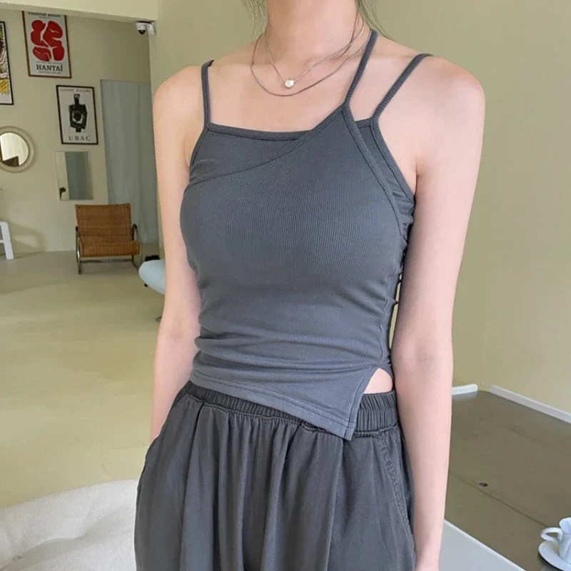 

Korean Retro Sexy Slim Asymmetric Threaded Camisole Women 2024 Summer New High Street Solid Color All Match Crop Tops