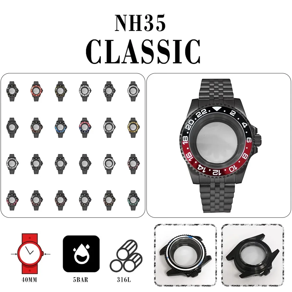 

PVD black SUB stainless steel case + 5 baht with transparent 40mm Sapphire flat mirror glass can be installed NH35/NH36