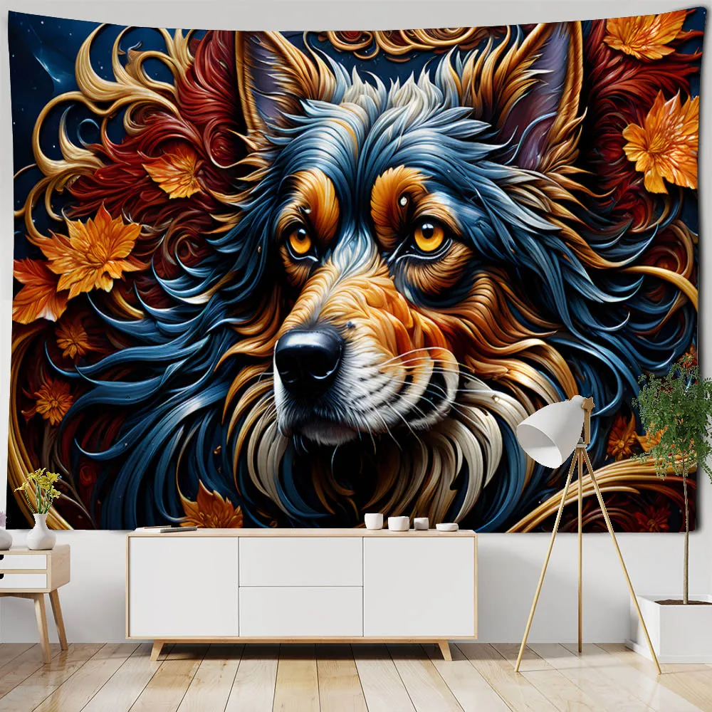 

Colored wolf tapestry, dreamy animal wall hanging, home art decoration, children's living room, dormitory， background fabric