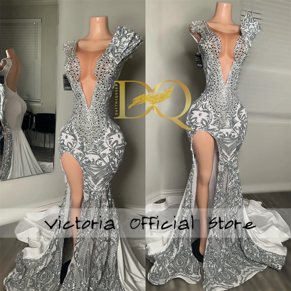 

Designer Silver Sequined Lace High Split Rhinestones Prom Dress For Black Girls Luxury Evening Dress Wedding Party Gown robe