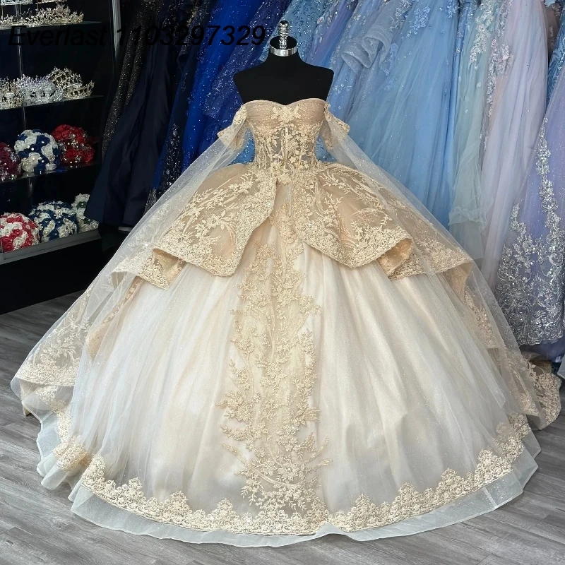 

EVLAST Light Champagne Quinceanera Dress Ball Gown Lace Applique Beading With Cape Tiered Sweet 16 Vestido De 15 Anos TQD406